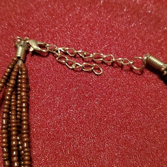 Glass Bead Necklace Brown and Tan 8 Strands 20" Lobster Clamp 2" Extention Chain - Picture 2 of 3